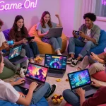 Engaged group playing interactive porn games on laptops and smartphones in a lively environment.