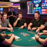 Exciting casino scene showcasing players enjoying Bomwin gaming experience at a vibrant table with bright lights.