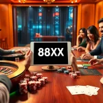 Experience the thrill of gambling with the 88XX app displayed amid lively casino elements like chips and cards.
