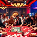 Nohu casino players strategizing at a luxurious poker table with vibrant chips and cards.