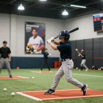hitclub baseball training scene with young athlete practicing swings under bright lights