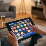 Experience v788 bet with colorful slots displayed on a tablet in a cozy living room setting.