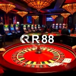 Players excitedly betting at the RR88 luxurious casino scene with roulette and slot machines.