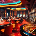 Engaging scene of online gambling at Nhà Cái QQ88 featuring tables, dice, and slot machines.