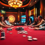 Players enjoy an exciting poker game at bl555.casino, surrounded by vibrant casino designs and rich atmospheres.