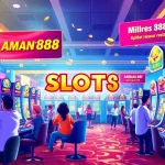 Exciting scene showcasing players at AMAN788 slot resmi machines with vibrant jackpots and bonuses.