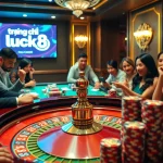 Experience the thrill of gambling at trang chủ luck8 with energetic players at a roulette table.