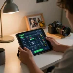 KUBET user engaging in strategic sports betting with tablet at modern home setup.