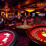 Excitement at nhà cái qq88 with players at a poker table, vibrant slot machines, and roulette wheel.