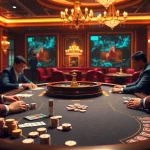 High-stakes poker players enjoying intense games at nk88 com's luxurious casino.