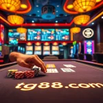 Gambler placing bets at a tg88.com blackjack table with colorful poker chips and cards in action