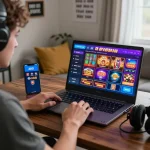 Player enjoying diverse games on go-88.us.com in a vibrant online gaming setup with colorful lights and modern tech.