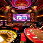 Players experiencing excitement at TG888 casino with vibrant roulette wheel and slot machines.