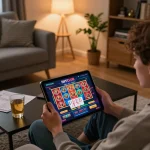 HITCLUB gaming experience at home with a player engaged on a tablet, enjoying vibrant slots.