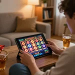 Engaging in online slots at https://www.atqvn.com/ with vibrant graphics and snacks during a cozy gaming night.