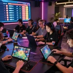 Dynamic scene of players enjoying the bomwin online gaming experience with devices and vibrant lighting.