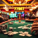 Experience the thrill of the casino at 77BET with high-stakes poker chips and vibrant slot machines.