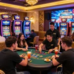 Exciting gaming atmosphere at tk88 online casino, featuring diverse players engaged in live dealer games and vibrant slot machines.