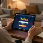 Engaging online casino gaming scene demonstrating OK365 đăng nhập on a tablet in a cozy home setting