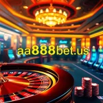 Experience thrilling online gambling at aa888bet.us with a luxurious casino scene featuring roulette and poker chips.
