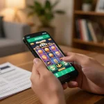 Player enjoying apk mega888 on smartphone in cozy living room with gaming strategy notes nearby