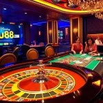 Experience the thrill of gambling at vu88.com with an engaging casino scene featuring roulette, players, and vibrant decor.