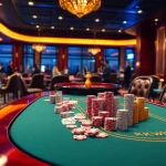 Exciting kkwin casino scene with a lively gaming table, poker chips, and roulette wheel.
