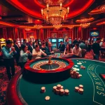 Players enjoying casino excitement at 79KING with roulette and poker tables in a luxurious setting.