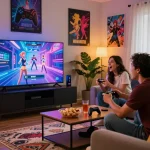 Friends enjoying an exciting gaming night playing interactive porn games in a cozy living room.