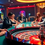 8DAY casino scene with players excitedly betting at a luxurious gaming table showcasing cards and chips.