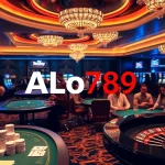 Players enjoying high-stakes poker and roulette with ALo789 branding at a luxurious casino.