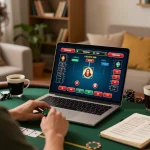 Engaged player enjoying online poker gaming on laptop, showcasing hitclub strategies in a cozy environment.