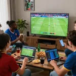Friends excitedly following Nowgoal's live football scores and betting odds during a match.