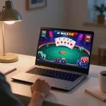 Engaging online poker gameplay at MAX88 featuring a player at a stylish home desk.