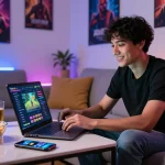 Engaged gamer playing Rikvip on laptop with lively gaming atmosphere.