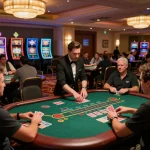 Players strategizing at nhà cái lv88 blackjack tables under warm casino lighting.
