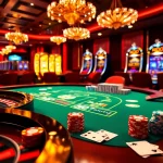 Engaging casino scene illustrating thabett.io with players at a poker table amid vibrant gambling elements.
