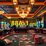 Experience the thrill of gambling at 88aa1.org with vibrant casino visuals, featuring poker tables and slot machines.