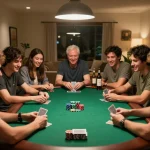 Engaged players competing in a poker game at home, featuring the online gambling site 123bz.uk.net as a strategic platform.