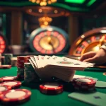 Engage in thrilling casino action with ALo789, featuring poker chips and a roulette wheel.