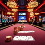 Exciting poker game scene at https://lc88comm.com/ featuring dealer, chips, and slot machines.