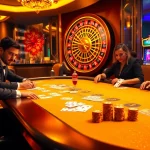 Engage in thrilling poker action at a vibrant aa88 casino with luxurious decor and intense players.