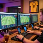 Immersive online betting experience with 1gom, player engaged in live football betting at computer desk with multiple screens.
