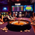 Players engaged in thrilling games at TG88 casino, enjoying a vibrant atmosphere with cards and chips.