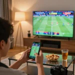 Exciting sports betting moment on a smartphone at home, showcasing LV88's user-friendly interface.