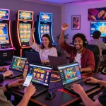 Hitclub không bị chặn - Online gaming players enjoying vibrant casino atmosphere with smartphones and laptops.