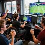 Fans enjoying the excitement of sports betting at a vibrant lounge featuring sunwin games