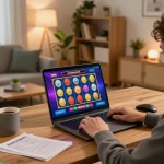 Engaging in online gaming while tải dh88 on a laptop in a cozy home environment, showcasing modern entertainment.