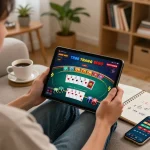 Engaging gameplay at TR88 trang chủ as a player strategizes using a tablet in a cozy home setting.