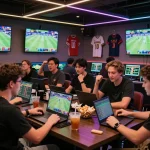 Exciting live betting atmosphere at nhà cái 33win with friends placing bets during a sports event.